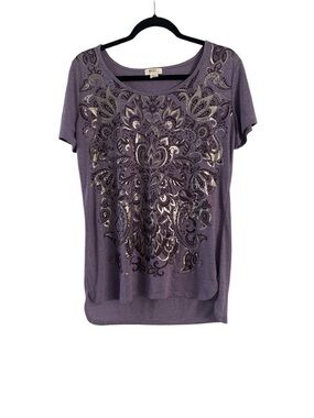 Madison & Berkeley Purple Short Sleeve Scoop Neck Top with Silver Foil Size XL